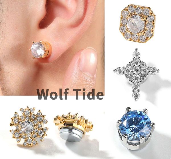 Hip Hop 8MM rond glacé CZ pierre boucles d'oreilles magnétiques pour oreilles non percées flocon de neige croix sucre de roche sans perçage boucle d'oreille goujons anneaux d'oreille polyvalents pour hommes femmes gars