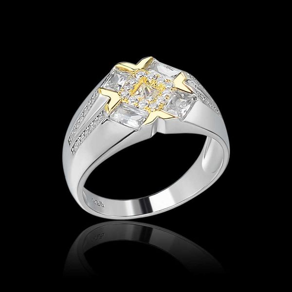 Hip Hop 925 Sterling Silver Pure Two Tone 14k Gold-plated Halo Cz Mens Wedding Designs Cross Rings