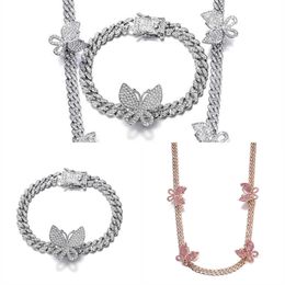 HIP HOP AAA BLING 8 MM Miami Butterfly Ice Cuba Chain Diamond Necklace Dames Armband Heren Sieraden Q0809
