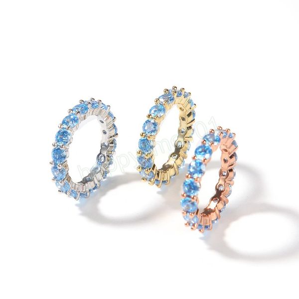 Hip Hop AAA zircon cubique 1 rangée bleu Zircon pierre Bling glacé anneaux de Tennis pour femmes hommes bijoux
