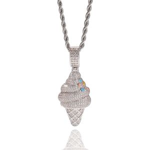 Hip Hop AAA Cubic Zirconia Bling Iced Out Out Silver Color Ice Cream Pendants Necklace for Men Women Fashion Jewelry Drop Shipping 201014