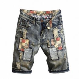 Hip Hop tout-match Denim Shorts jean hommes été Fi trous droits amples mendiant Shorts pantalon motif ruiné Patch T88Y #