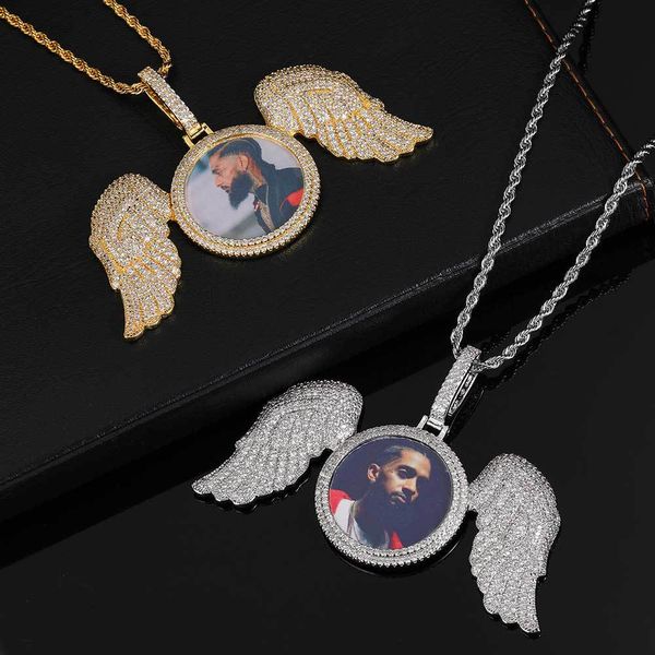 Collar con colgante de foto personalizado con alas de ángel de Hip Hop, joyería de diamantes con circonita ostentosa