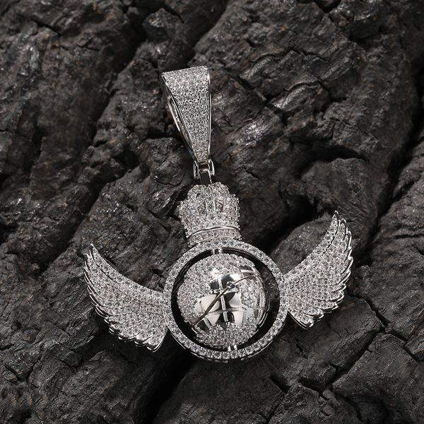Hip Hop TopBling ailes d'ange rotation du Globe pendentif collier complet 5A Zircon 18k véritable plaqué or bijoux