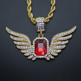 Hip Hop Angel Wings con collar colgante de rubí rojo grande para hombres mujeres joyas de joyería238w