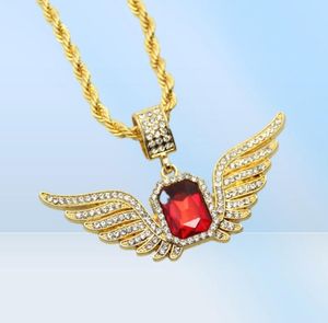 Hip Hop Angel Wings avec grand collier de pendentif rubis rouge pour hommes femmes Iced Out Jewelry6240091