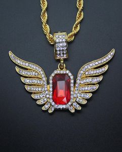 Hip Hop ailes d'ange avec grand pendentif rubis rouge collier pour hommes femmes glacé bijoux 306a2407205