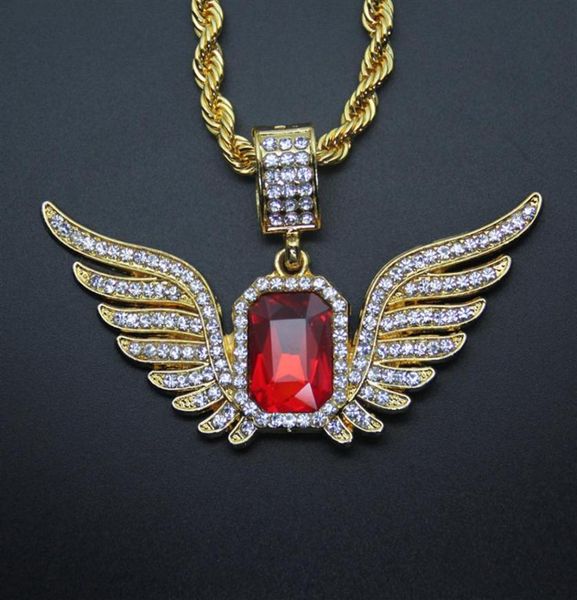 Hip Hop Angel Wings avec grand collier de pendentif rubis rouge pour hommes femmes glacés bijoux306a4769909