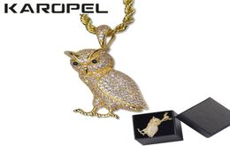 Collier animal Hip Hop en cuivre doré glacé Micro Pave CZ pierre hibou pendentif colliers 24quot chaîne de corde en acier inoxydable4663943