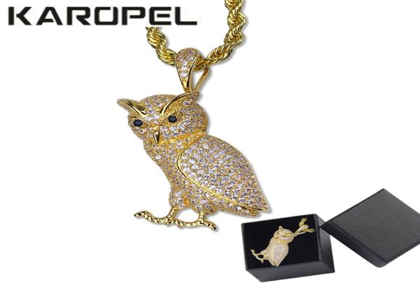 Collier animal Hip Hop en cuivre doré glacé Micro Pave CZ pierre hibou pendentif colliers 24quot chaîne de corde en acier inoxydable 3226387