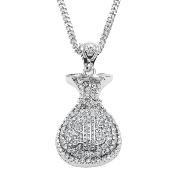 Hip Hop Antique Argent Plaqué Or Sac D'argent Pendentif Pour Hommes Femmes Bling Cristal Dollar Charm Collier Collier Long Chaîne Cubaine Bijoux