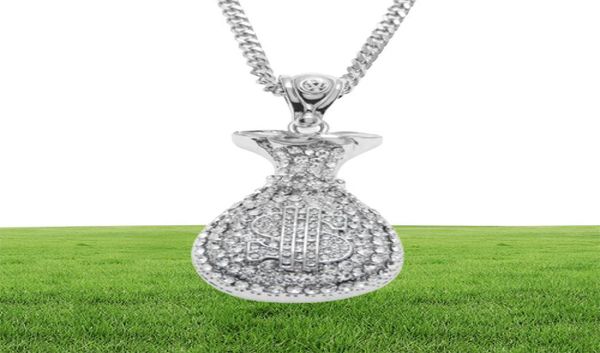 Hip Hop Antique Argent Plaqué Or Sac D'argent Pendentif Pour Hommes Femmes Bling Cristal Dollar Charme Collier Longue Chaîne Cubaine Bijoux9038724