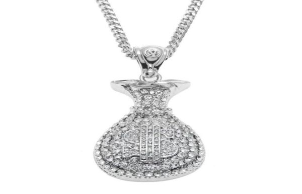 Hip Hop Antique Silver Gold plaqued Money Sac Pendentif pour hommes Femmes Bling Crystal Dollar Charm