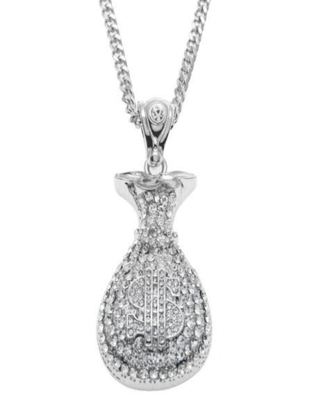 Hip Hop Antique Argent Plaqué Or Sac D'argent Pendentif Pour Hommes Femmes Bling Cristal Dollar Charme Collier Longue Chaîne Cubaine Bijoux2829684909