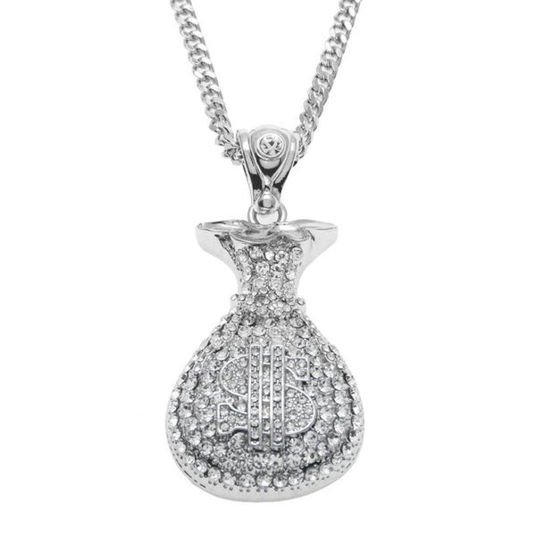 Hip Hop Antique Argent Plaqué Or Sac D'argent Pendentif Pour Hommes Femmes Bling Cristal Dollar Charme Collier Longue Chaîne Cubaine Jewelry339j