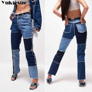 Hip Hop Otoño BluePink Patchwork Jeans Mujeres Cintura alta Hip Straight Ladies Pantalones Mujer Denim para mujer 210608
