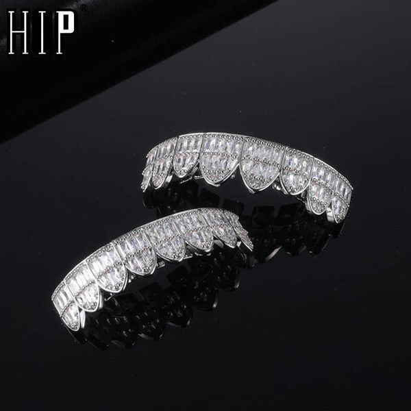 Hip Hop Baguette Stones Cz Dientes Caps Cubic Zircon Iced Micro Pave Topbottom Charm Grills para Hombres Mujeres Joyería 230726