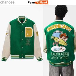 Hip Hop Baseball Jackets Men Za Letter Flocking Patchwork Loose Autumn Winter Bomber Varsity Jacket Green High Street Coats HKD230815