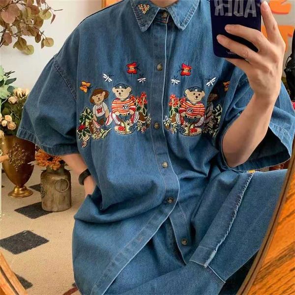 Hip Hop ours papillon broderie bleu Denim chemises femmes à manches courtes chemises décontractées hommes gothique Harajuku chemises boutonnées