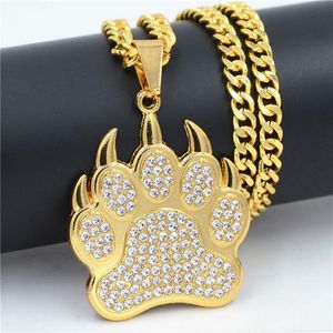 Hip Hop Beerpoot voetafdruk gouden Hangers Kettingen Hangers Bling Bling Iced Out Crystal Kettingen Rvs Touw Chain2271