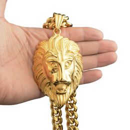 Hip Hop grande tête de Lion chaîne cubaine pendentif collier Cool hommes cadeau en acier inoxydable 316L bijoux plaqués or 18 carats