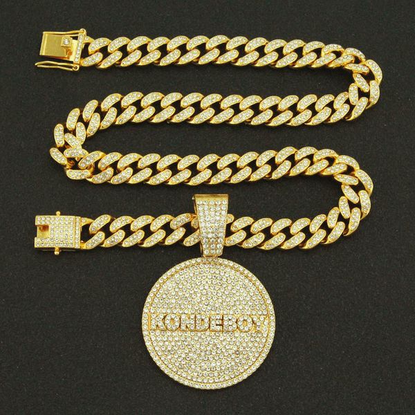 Hip Hop Big Round Iced Out Pendant Matched 13mm Miami Cuban Chains Collares Full Cubic Zirconia Bling KONDEBOY Joyas para hombres Mujeres Rapper NightClub Accesorios