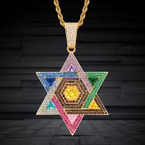 Hip Hop Grote Satelliet Hanger Hexagram Ster Ketting Vol Kleurrijk Zirkoon Goud