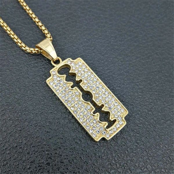 Collares con colgante de hoja de Hip Hop para hombre, Color dorado, oro amarillo de 14k, collares de afeitar para hombre, joyería con diamantes de imitación ostentosos