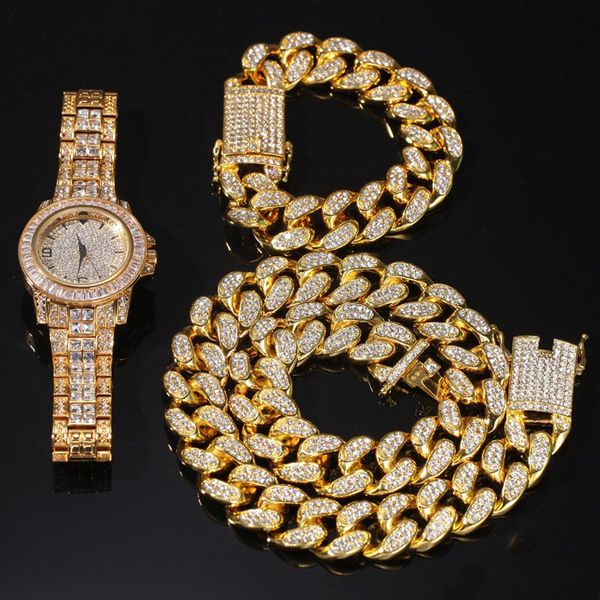 Hip Hop Bling Chain Cuban Link Oro Plata Reloj Collar Pulsera Conjunto Joyas Hombres Iced Out Diamond Miami