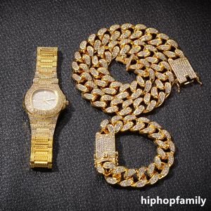 Hip Hop Bling Chaînes Bijoux Hommes Colliers Glacé Diamant Miami Chaîne Cubaine Or Rose Argent Montre Collier Bracelet Ensemble