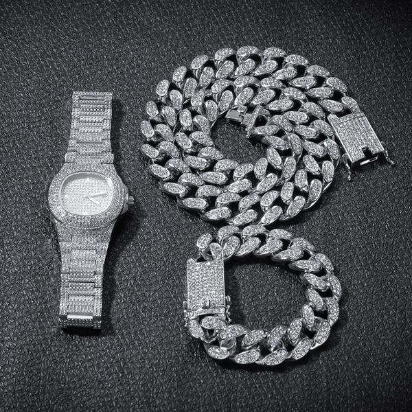 Hip hop bling chaînes bijoux hommes collier glacé diamant miami chaîne cubaine or rose argent montre collier bracelet ensemble