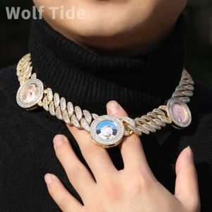 HIP HOP BLING CUSTUM CUBAN LINK Collier Ins Round Photo Picture Diy Picture Gold Diamond Curb Chains Unisex Personnalisés Iced Out Cumbic Zirconia Crystal Jewelry