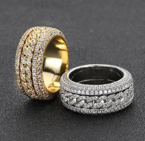 Bague Hip Hop en zircone cubique glacée pour hommes et femmes, anneaux ronds avec chaîne cubaine, bijoux de fête, couleurs or et argent