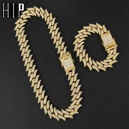 Hip Hop Bling Glacé Plein Strass Hommes Épines Bracelet Or Prong Cubain Lien Chaîne Bracelet Collier pour Hommes Bijoux Y2170Y