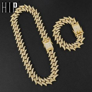 Hip Hop Bling Iced Out Vol Strass Heren Doornen Armband Gold Prong Cubaanse Link Chain Armband Ketting Voor Mannen sieraden Y22937