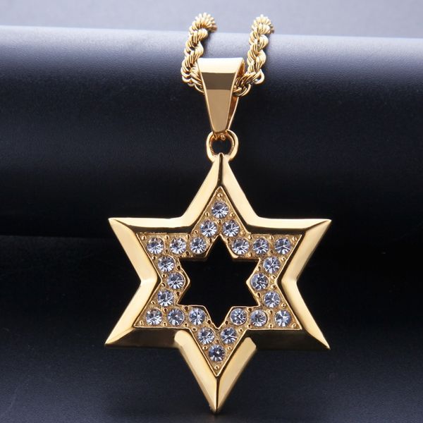 Hip Hop Bling glacé strass or acier inoxydable juif étoile de David hexagramme pendentif collier pour hommes rappeur bijoux