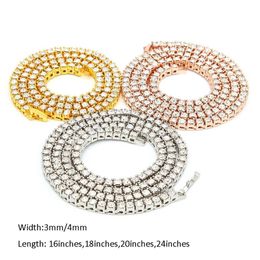 Hip Hop Bling cadena de tenis helada para hombres mujeres joyería gargantilla collar Cubic Zirconia mujer niños 3mm 4mm oro rosa oro Si264Z