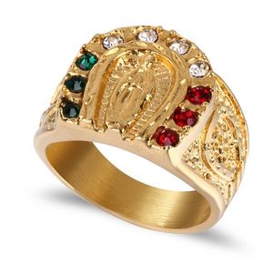 Hiphop Bling Iced Out Out Vintage Classic Christian Maagd Mary Prayer Ring Ingelegde Tricolor Zirkoon Sieraden Gift voor Mannen Vrouwen