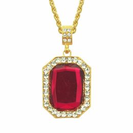 Collane con pendente quadrato in pietra rossa con zirconi cubici hip-hop per gioielli da uomo con catena in oro da 30 pollici171O