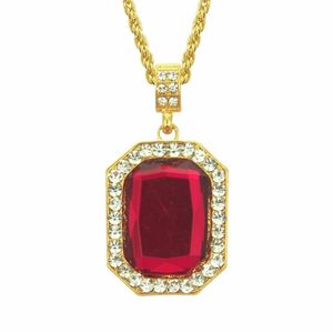 Hip Hop – colliers avec pendentif carré en pierre rouge pour hommes, bijoux avec chaîne en or de 30 pouces, 283P