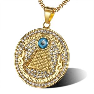 Hip Hop Bling en acier inoxydable Illuminati Eye Annuit Cceptis Novus Ordo Seclorum maçonnique pendentif colliers pour hommes rappeur Jewelry198I