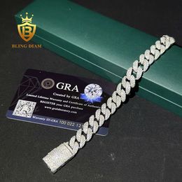 Bracelet hip hop 12 mm Ice Out S925 Silver VVS Moisanite Diamond Cuban Link Chain Collier Bracelet