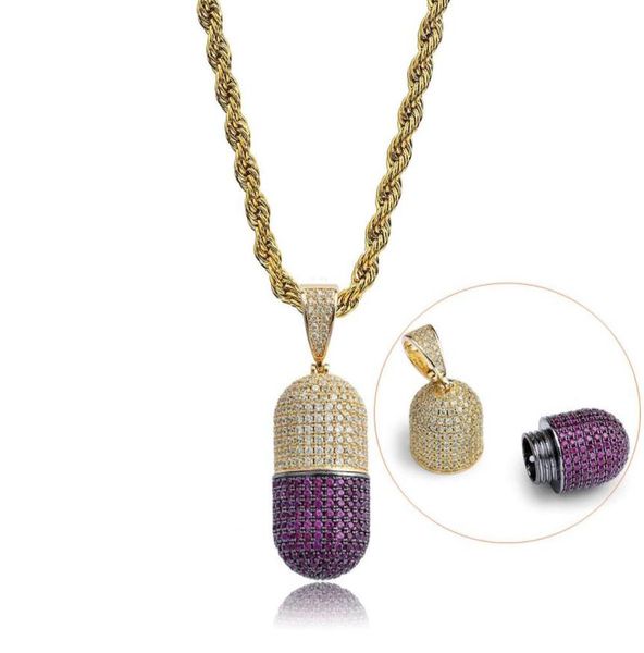 Le collier pendentif à capsule hip hop peut être dévissé de zircone cubique complète avec chaîne de corde en acier inoxydable 9561440