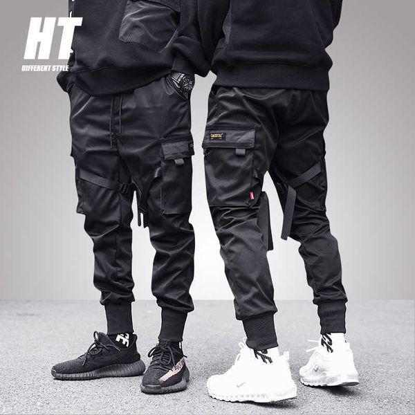 Hip Hop Cargo Pants Hommes Rubans Noirs Multi-Pocket Harajuku Sweatpant Homme Streetwear Joggers Sarouel Pantalon Décontracté 210603