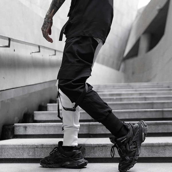 Pantalones de carga de hip hop hombres primavera negro blanco patchwork monos mujeres streetwear pantalones de algodón con bolsillos techwear x0723