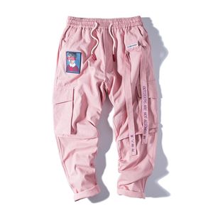 Hip Hop Cargo Street Pantalons Femmes Ruban Lettre Broderie Japonais Joggers Pantalon Casual Multi Poches Sarouel Unisexe Rose 210406