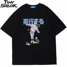T-shirt imprimé Hip Hop Cartoon Girl Cat Japonais Hanji Imprimé Hanji