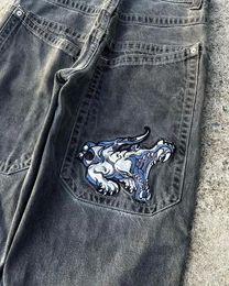 Pantalones vaqueros JNCO bordados con gráfico de dibujos animados de Hip Hop Y2K para hombre, pantalones vaqueros holgados Harajuku, pantalón ancho gótico de cintura alta, ropa de calle 240126