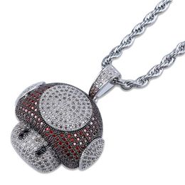 Collier avec pendentif champignon de dessin animé Hip Hop, pierre CZ glacée, cuivre, or, argent, plaqué avec chaîne de corde de 24 pouces, 2022