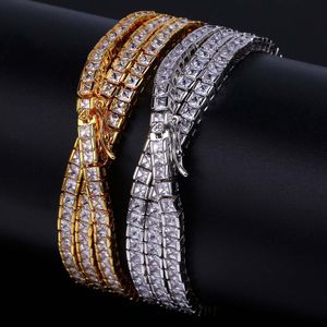 Hip Hop Chaîne 18K Or Électrolytique Simple Rangée Carré Cubique Zircone Cuivre Collier Pour Hommes Haute Poli Glacé Brillant Bling Bijoux